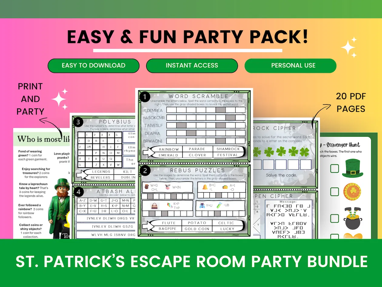 St. Patrick's Day Escape Room Party Kit: A Thrilling Adventure for Kids | Printable Party Game, Puzzles, Game Party, Holiday Fun Activity