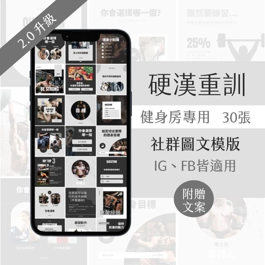 硬漢重訓-健身產業-FB、IG圖文模版-30張-Canva編輯-社群經營