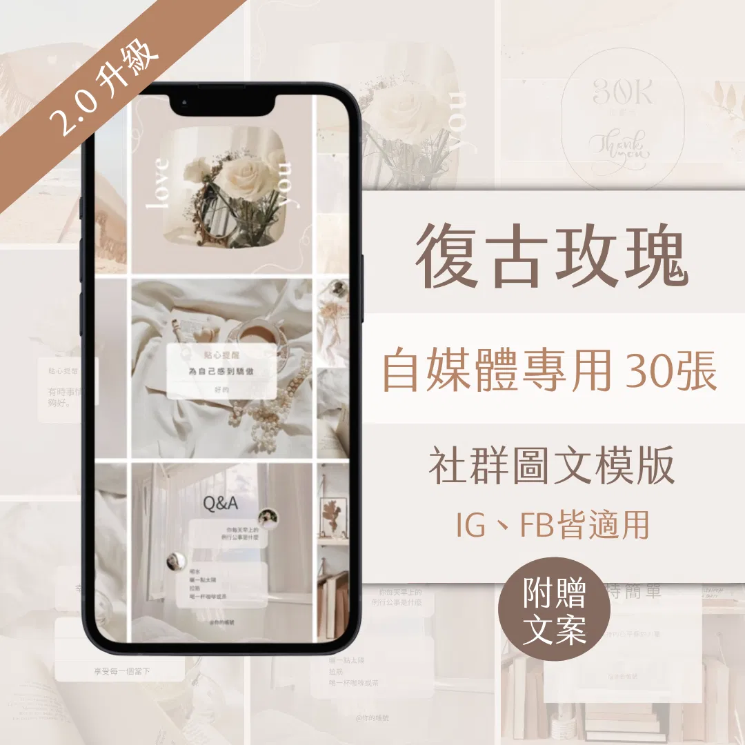 復古玫瑰-自媒體-FB、IG圖文模版-30張-Canva編輯-社群經營