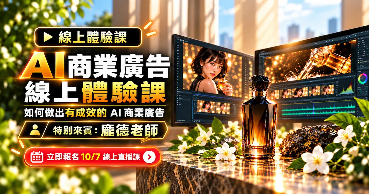 《線上直播》10/7(三)AI商業廣告線上體驗課：如何做出有成效的AI商業廣告(特別來賓：龐德)