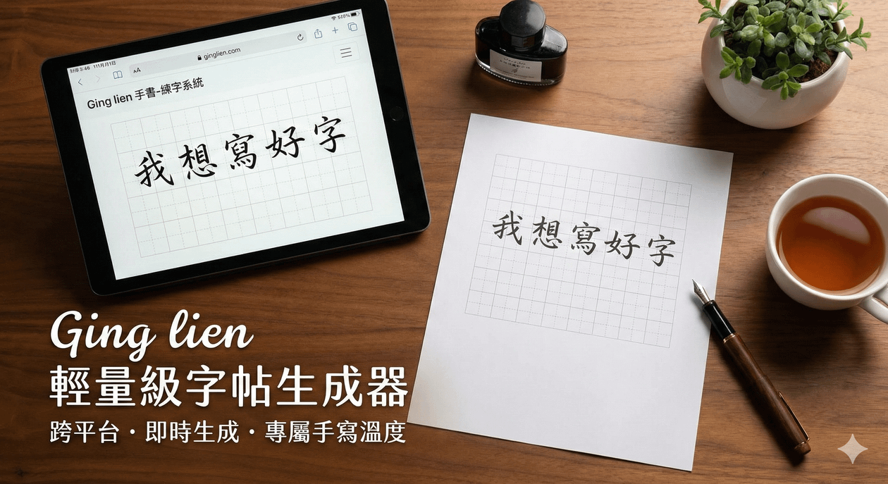 ♥️Ging lien 手書練字系統（字帖生成器）。可隨時調整字帖內容，想練什麼字，由你做主。輕量級-原價999，超早鳥價499