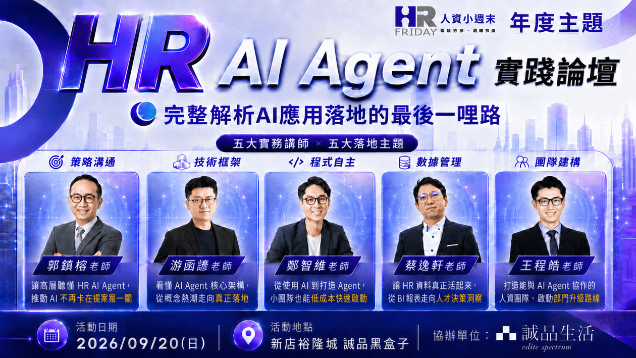 小週末《HR AI Agent 實踐論壇》五位實務講師 × 五大落地主題 =人資部門真正走通的 AI Agent 路徑