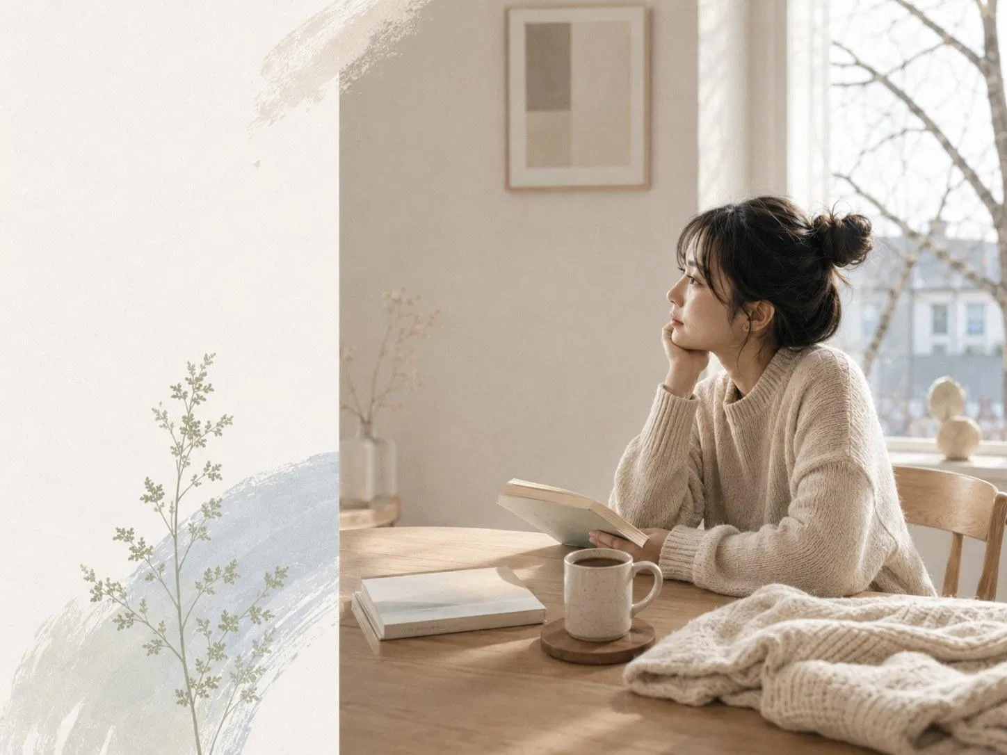 一個人握著書、望向窗外,桌上一杯咖啡