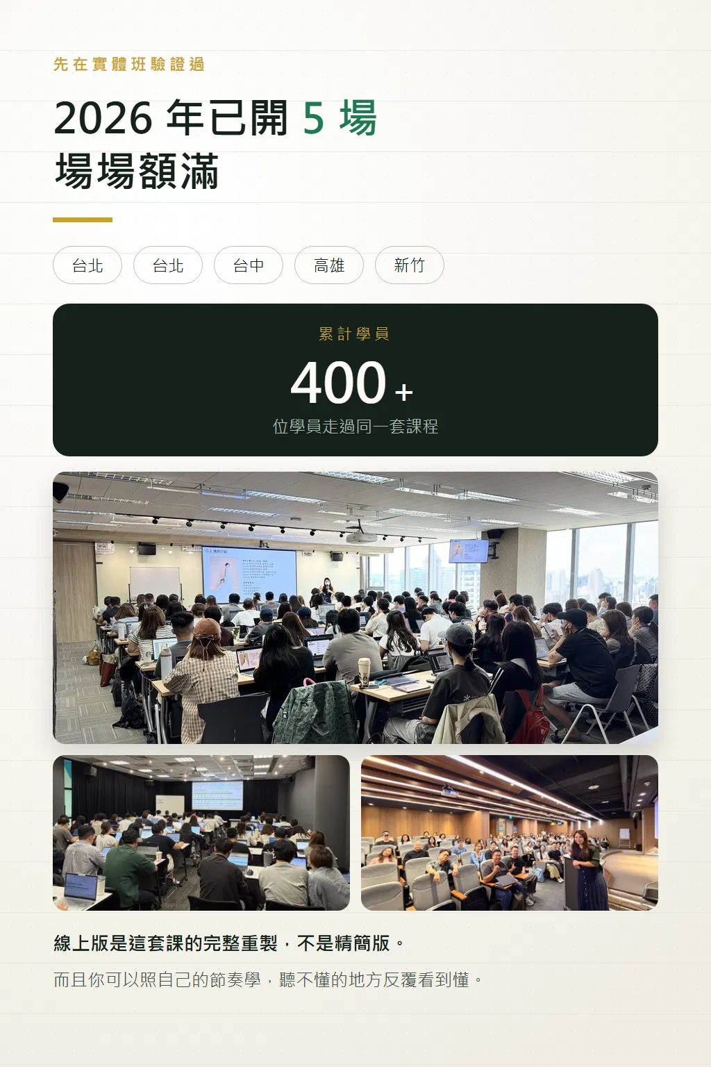 股票投資思維實體班 2026 年已開五場、場場額滿、累計超過 400 位學員的上課實況照片
