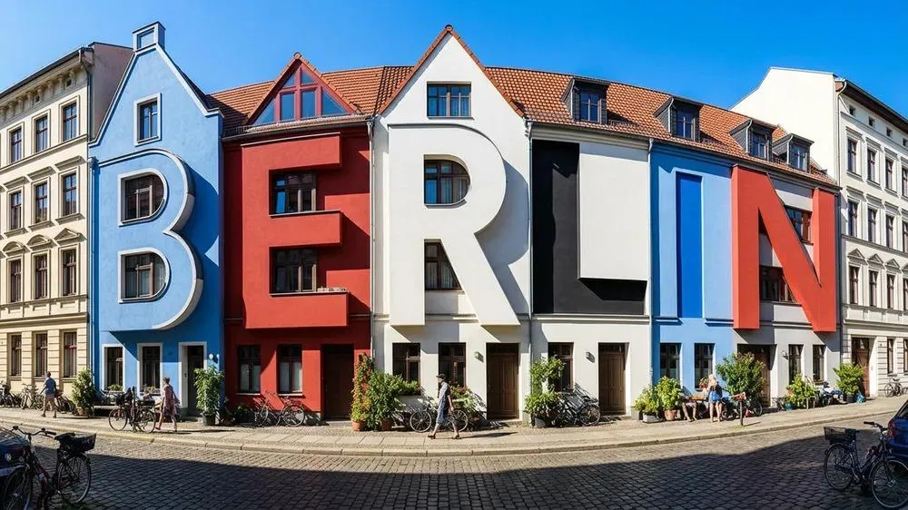 AI 生成的柏林街景，建築外觀拼出 BERLIN 字樣，展示 2026 年 AI 插畫的圖中文字能力
