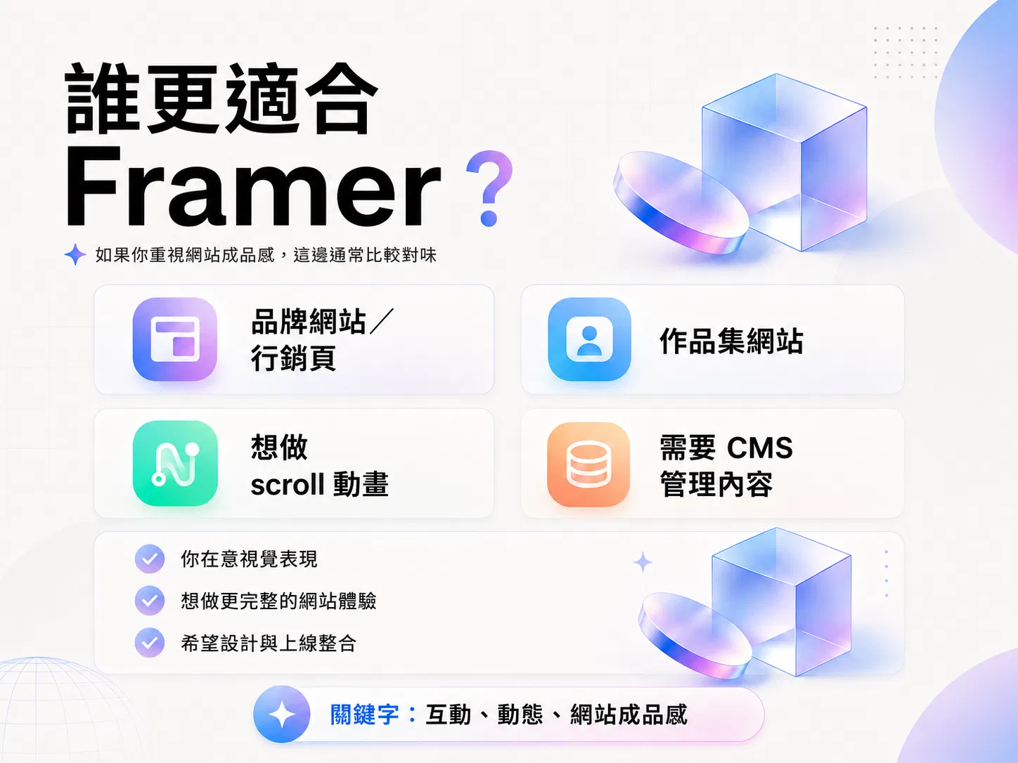 誰更適合 Framer：品牌網站、行銷頁、作品集、scroll 動畫、CMS 內容管理