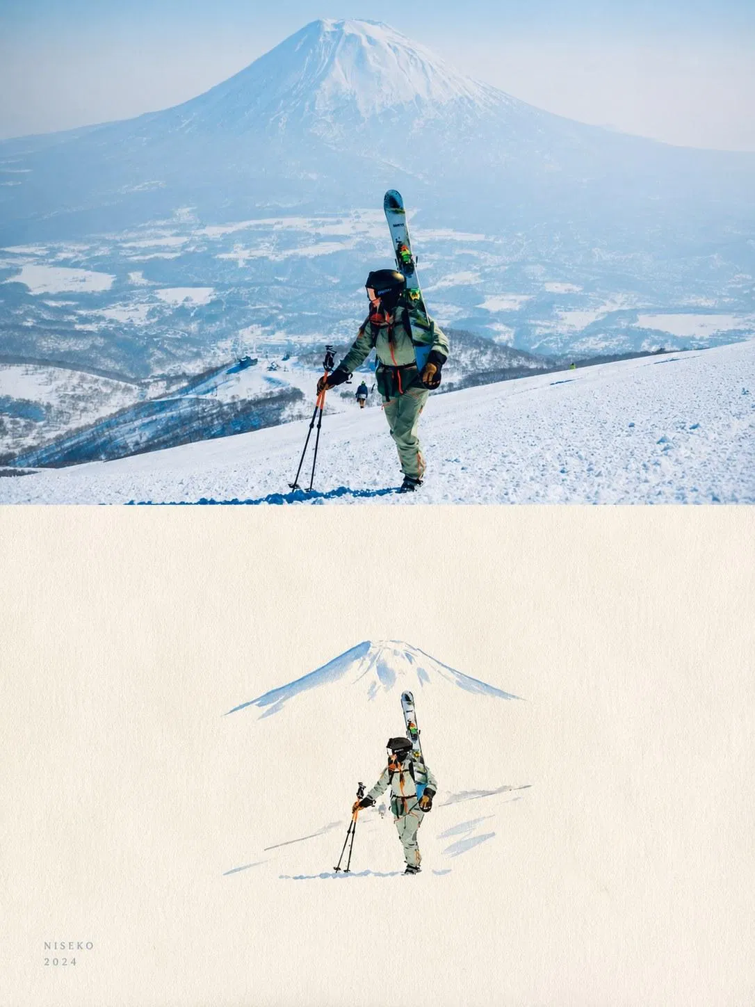 二世谷羊蹄山滑雪者背影生成的雙格海報，下半只留淡藍山形剪影與一個橄欖綠小人