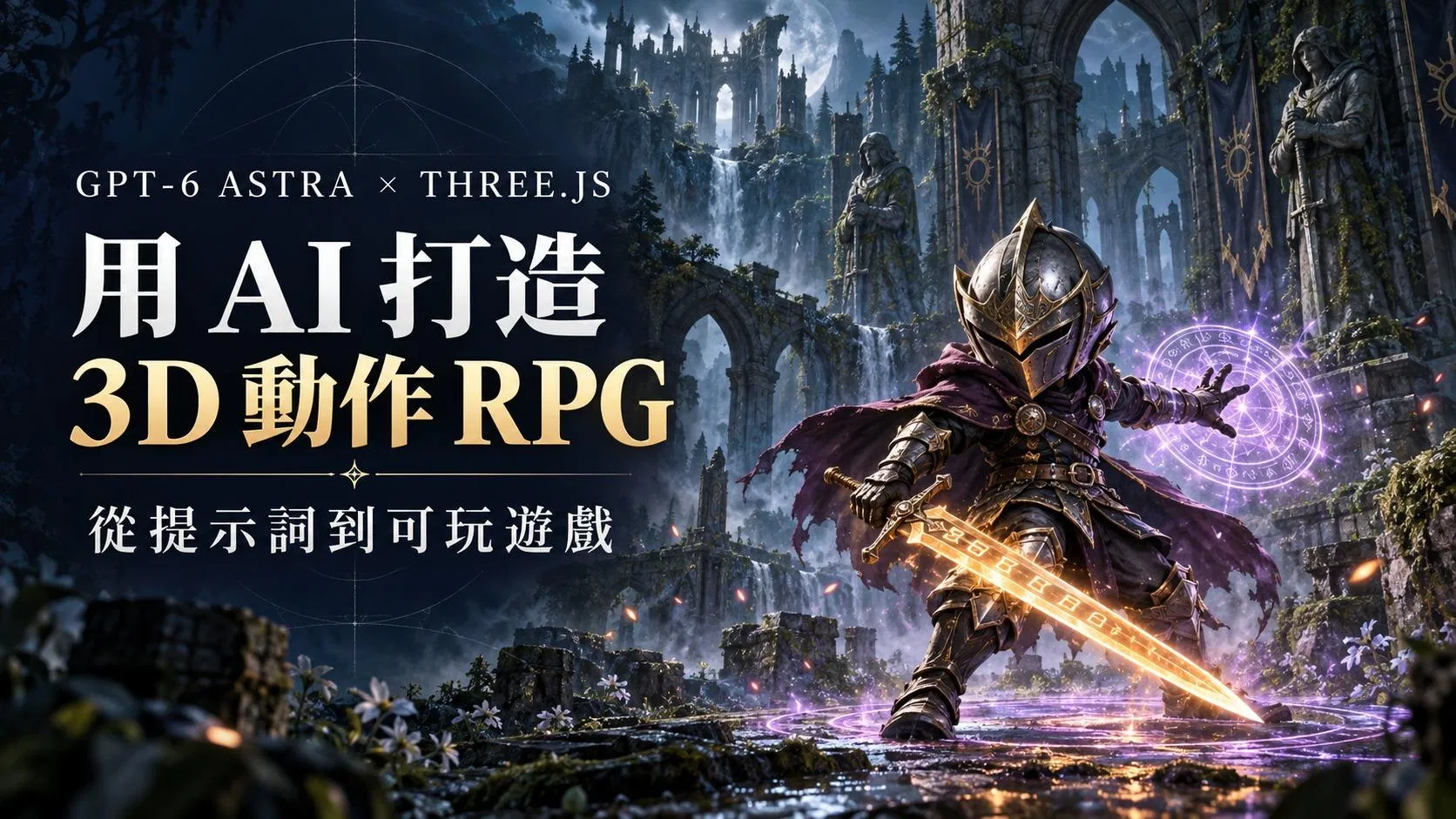 用 AI 打造 3D 動作 RPG 教學概念封面：森林吞噬的哥德式聖殿廢墟裡，一名戴著全罩鋼盔、披暗紫披風的原創騎士，手持琥珀色符文劍，腳下是紫色魔法陣，標題寫著 GPT-6 Astra × Three.js