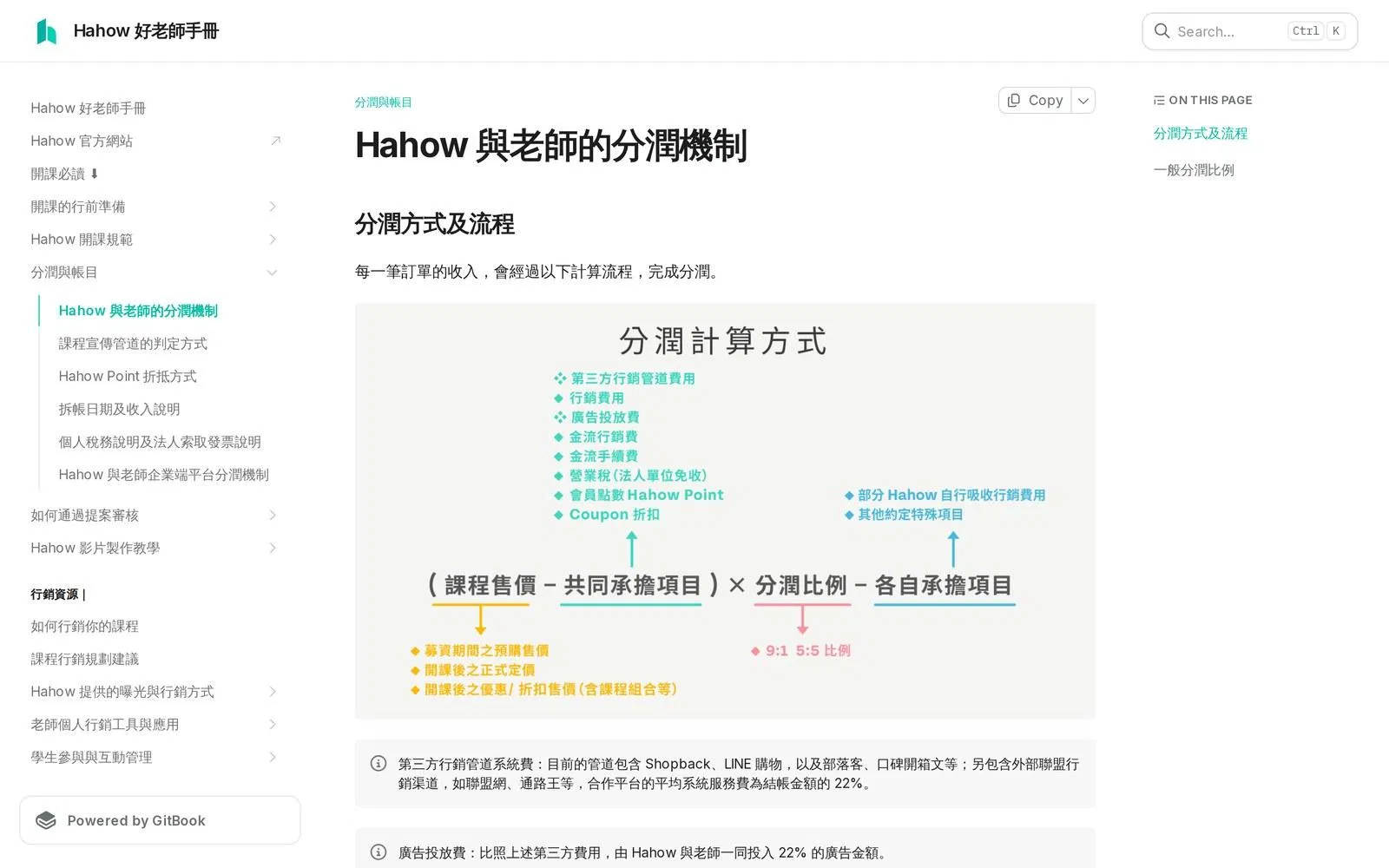 Hahow 好老師手冊官方頁面,說明分潤計算方式:課程售價扣除共同承擔項目後乘上分潤比例,並標註 9:1 與 5:5 兩種比例