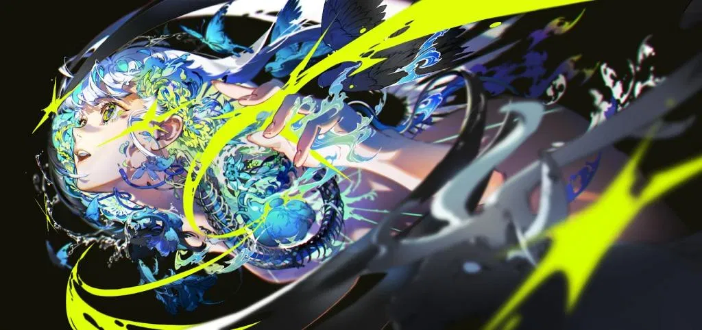 米山舞新作 EYE '25，藍髮人物側臉配上螢光黃色的星芒與流線，為作品集 2025 年特裝版新繪