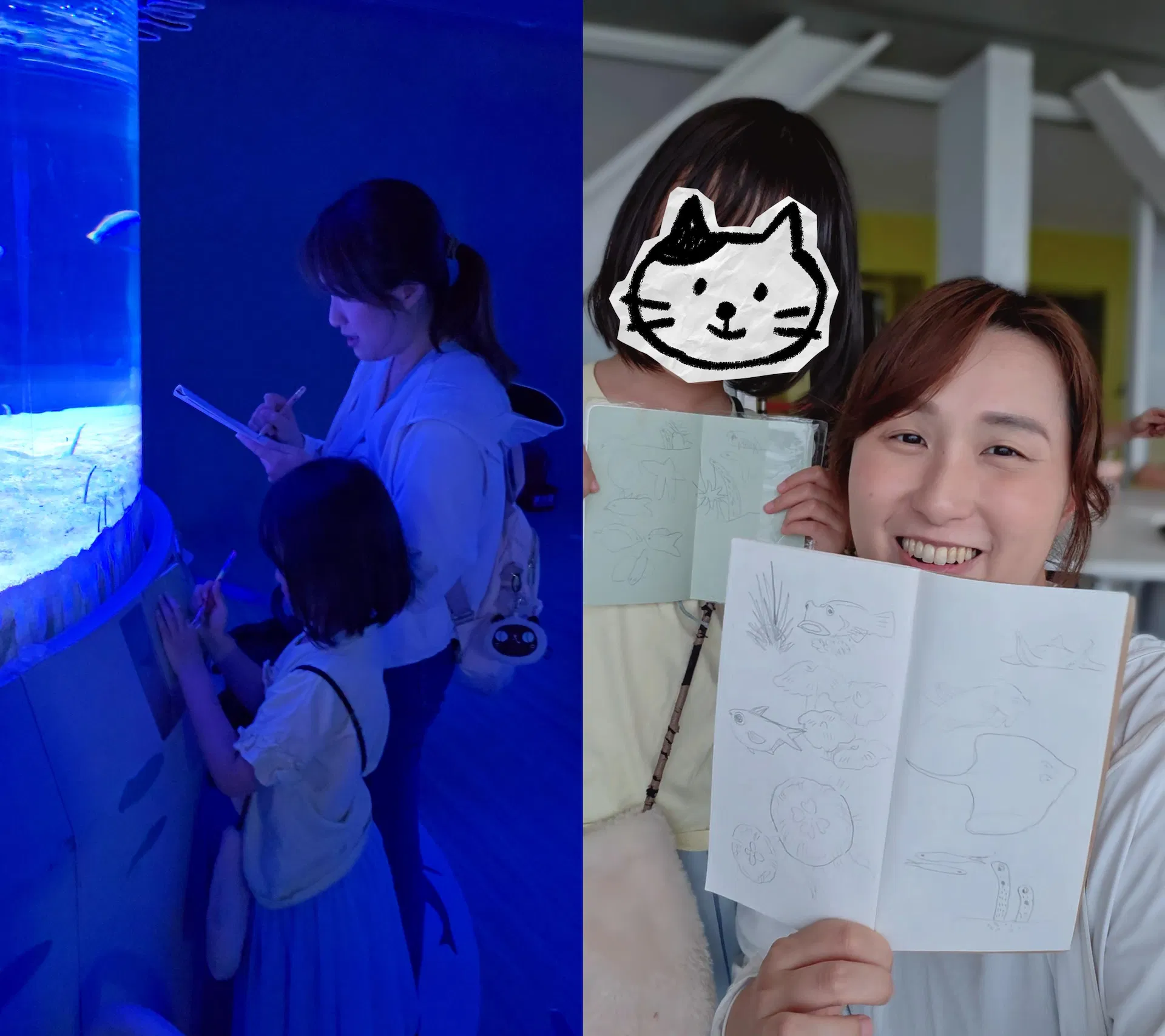 左：KIMU 和女兒站在海科館的魚缸前畫速寫；右：KIMU 和女兒拿著畫滿海洋生物的速寫本（女兒的臉以貓咪圖遮住）