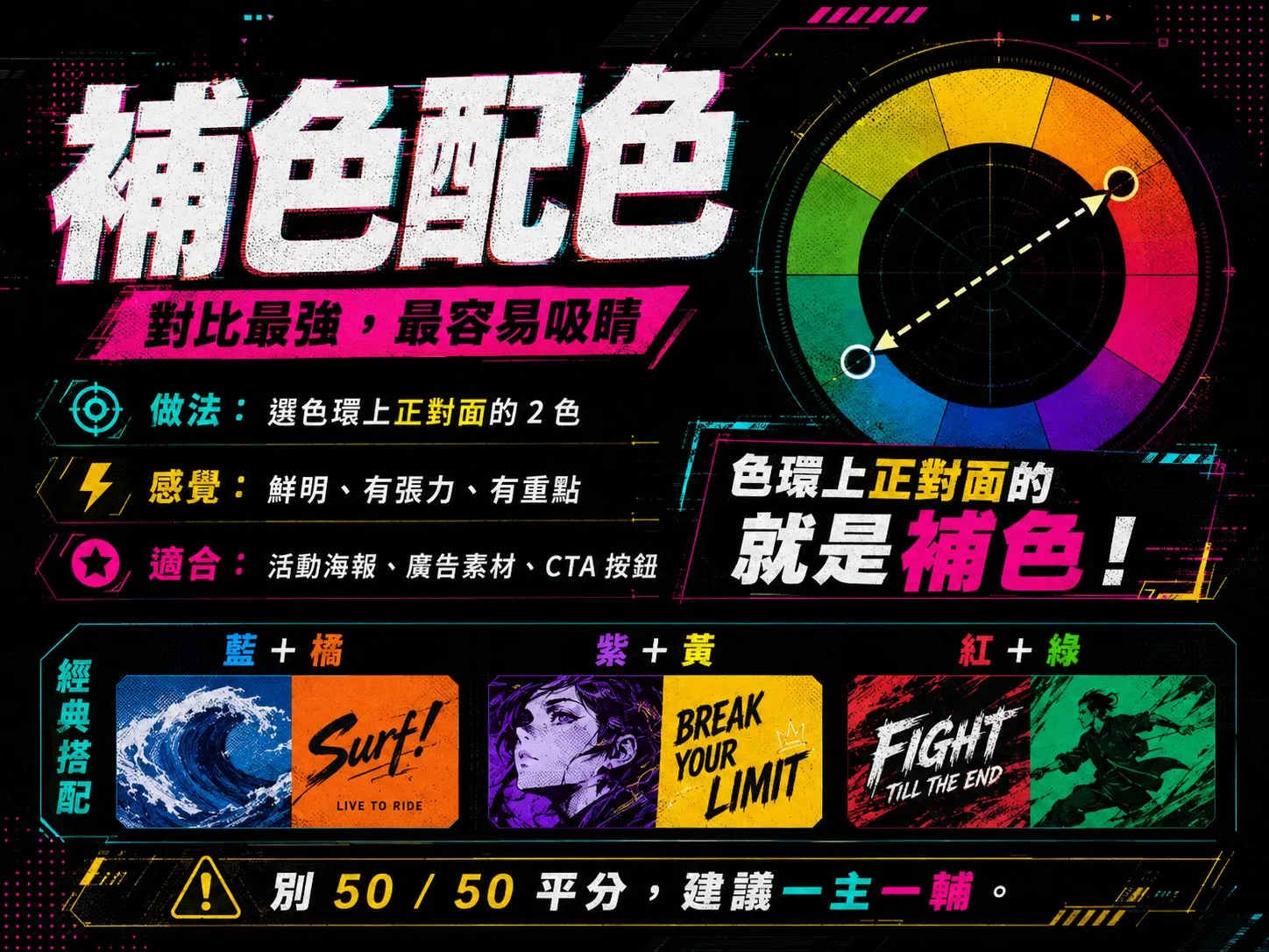 補色配色:色環上正對面的 2 色,對比最強、最容易吸睛
