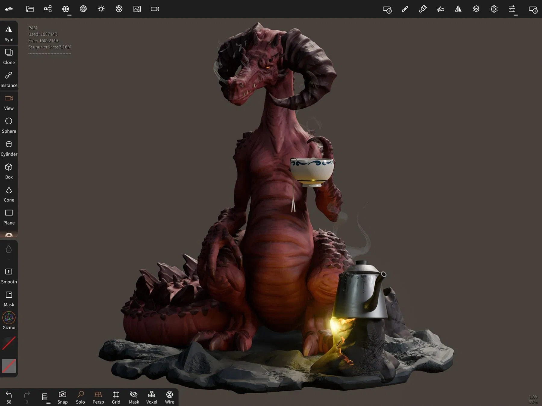 Nomad Sculpt 在 iPad 上的畫面:一隻紅色的龍蹲坐在岩石上、手裡端著青花瓷茶碗,腳邊的鐵壺底下燒著火,畫面左右是雕刻工具列,左上角顯示場景頂點數 3.16M