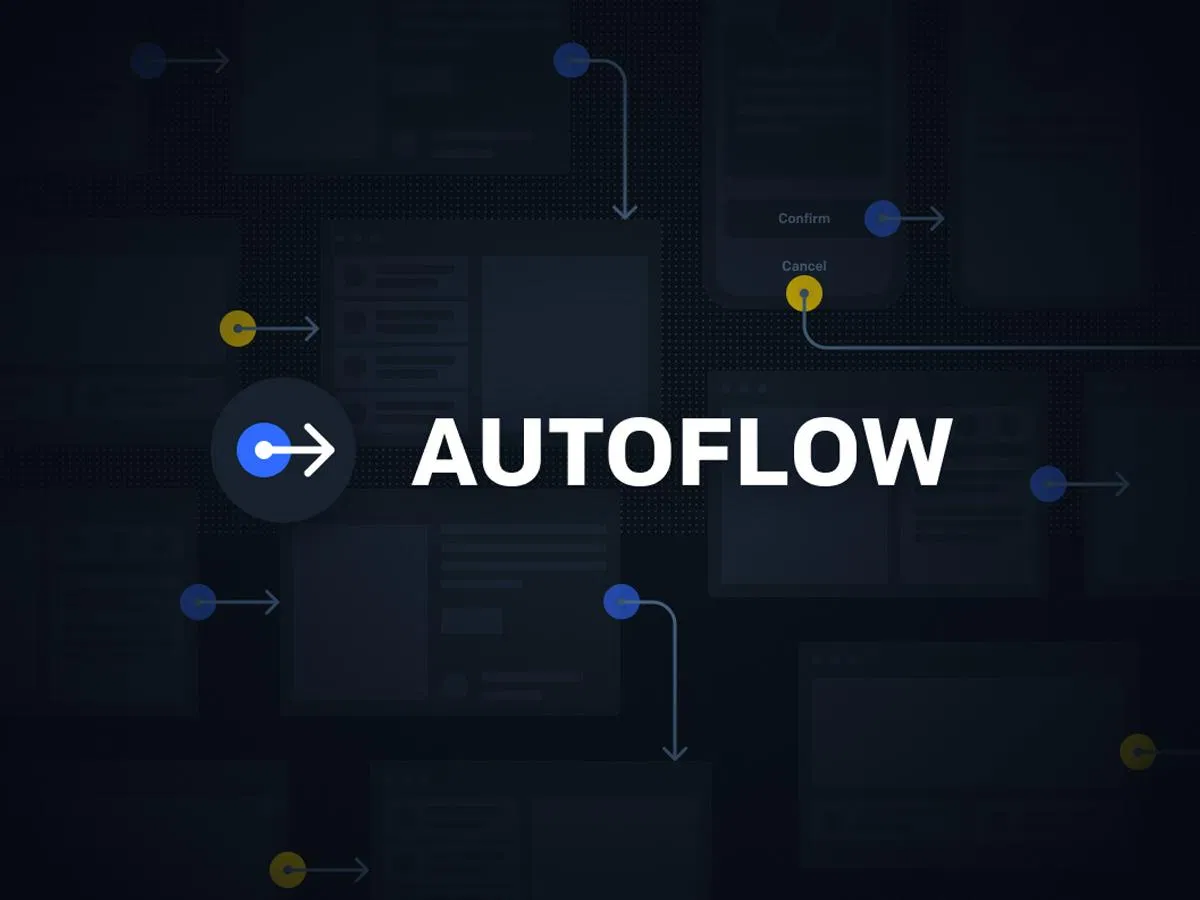 Autoflow plugin 官方視覺:深色背景 wireframe 與藍色箭頭流程線,連接多個畫面 frame