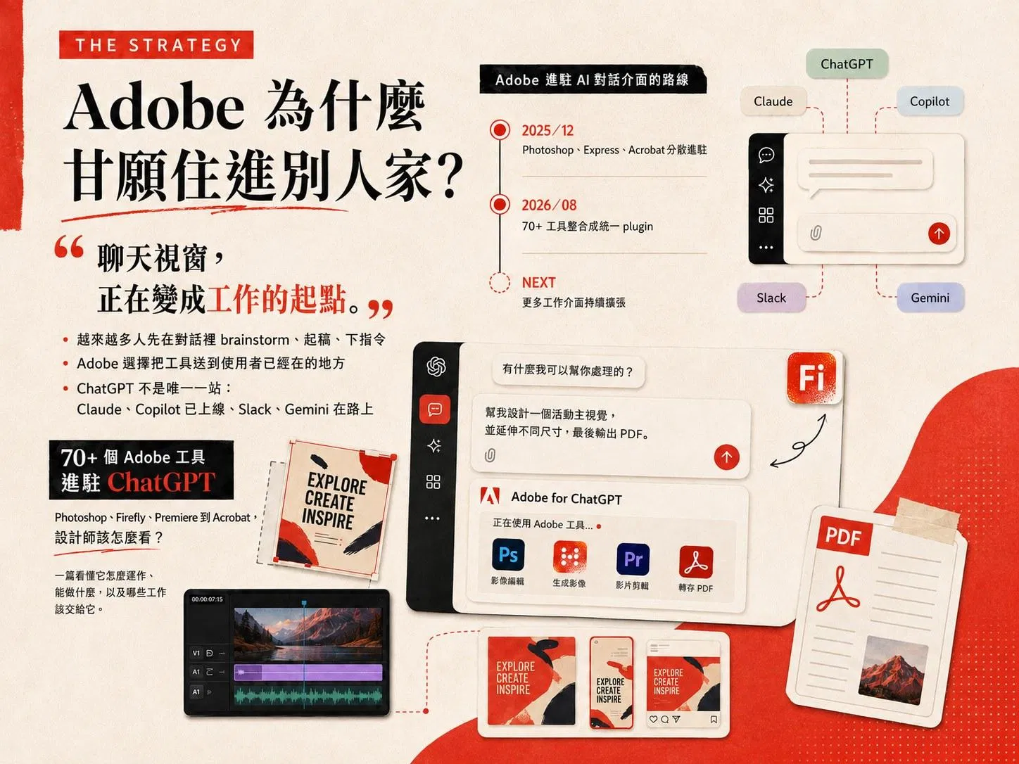 Adobe 進駐 AI 對話介面路線資訊圖：2025/12 分散進駐、2026/08 統一 plugin，Claude、Copilot 已上線，Slack 與 Gemini 在路上