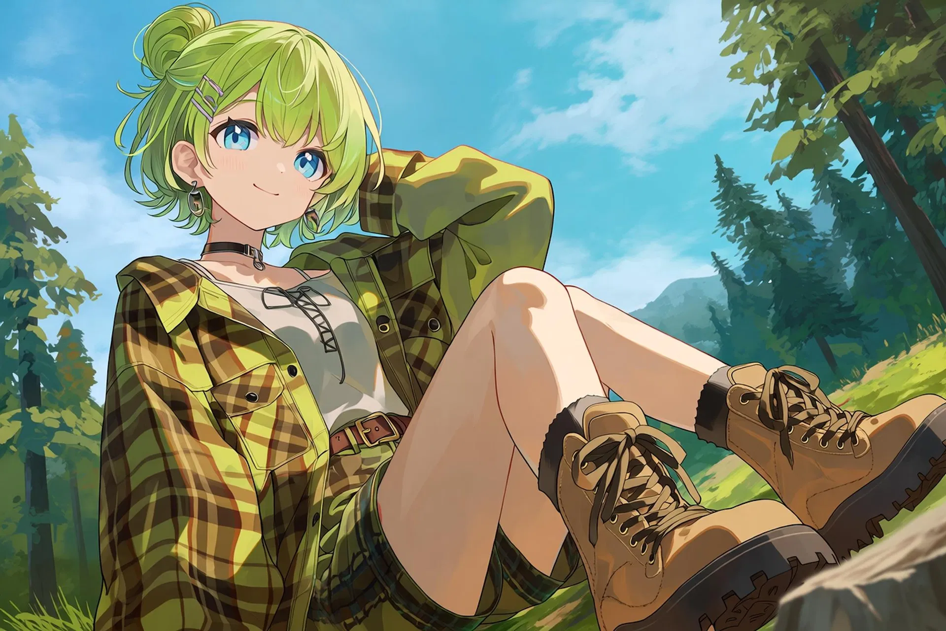 提示詞加上 wearing boots 與 outdoors 後，Niji 7 畫出坐在山坡草地上的綠髮女孩全身，腳上穿著綁帶工作靴
