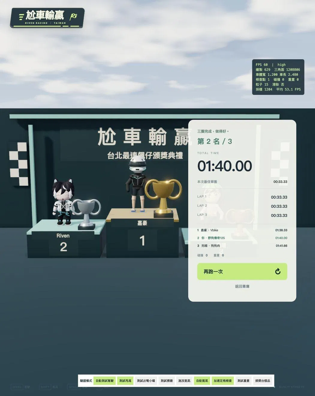 《歐兜賣尬車》頒獎台測試畫面：台北最速飆仔頒獎典禮，角色站上第二名，旁邊是完賽時間面板