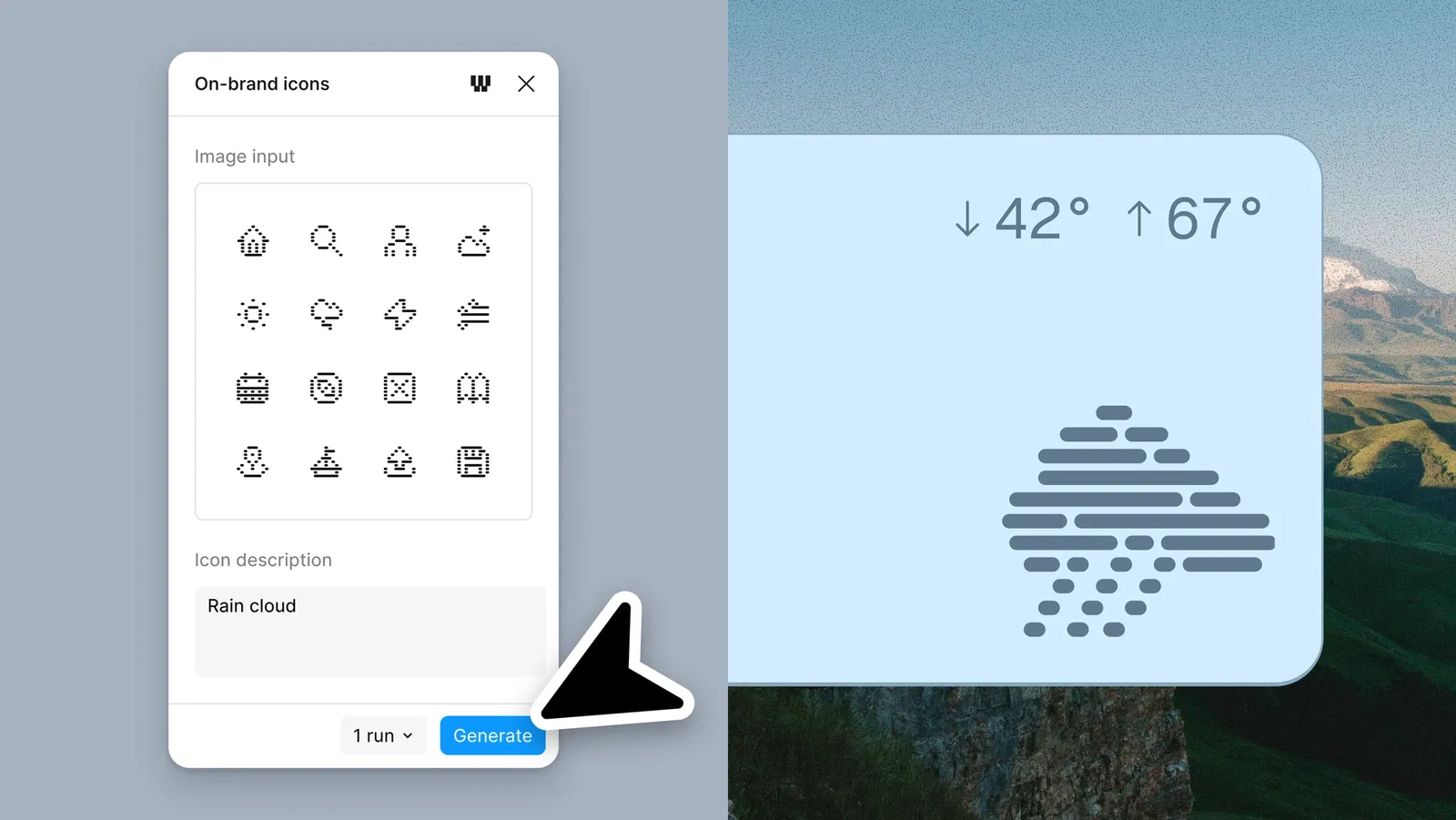 Figma Weave 的 On-brand icons 工具：輸入品牌 icon 組與一句描述，生成風格一致的新 icon