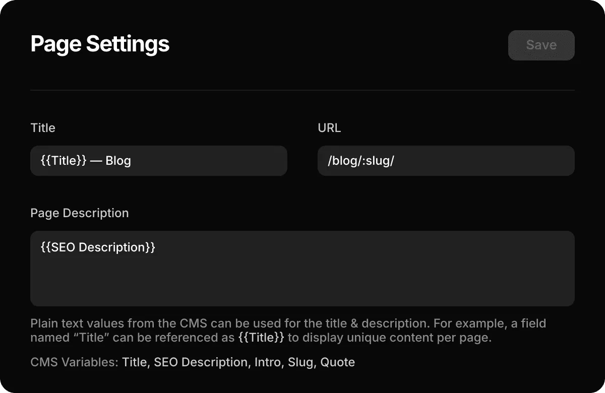 Framer 頁面 SEO 設定面板，展示如何用 CMS 變數自動生成標題與描述