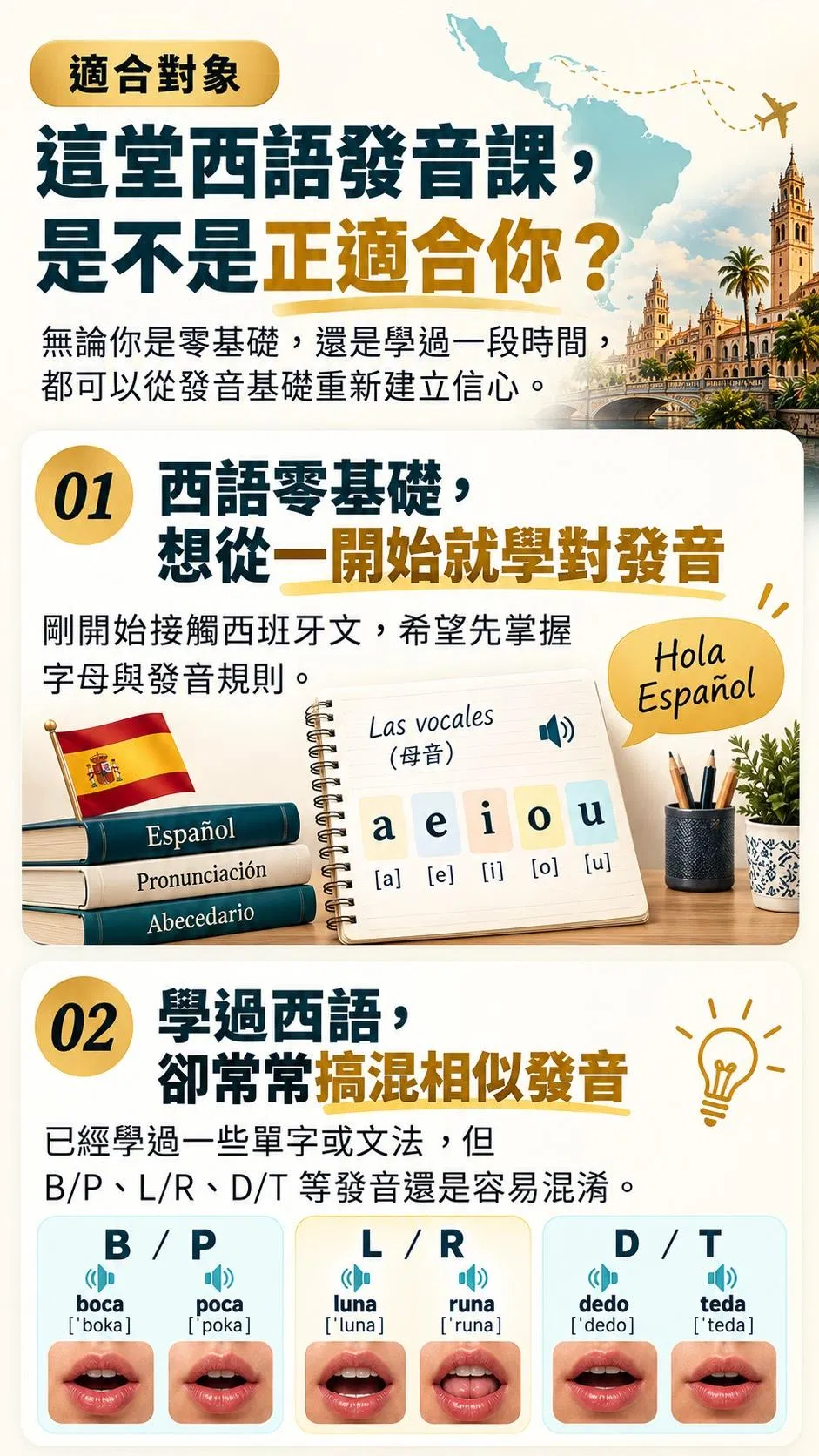 西班牙文發音課程適合對象｜零基礎與易混淆發音學習者