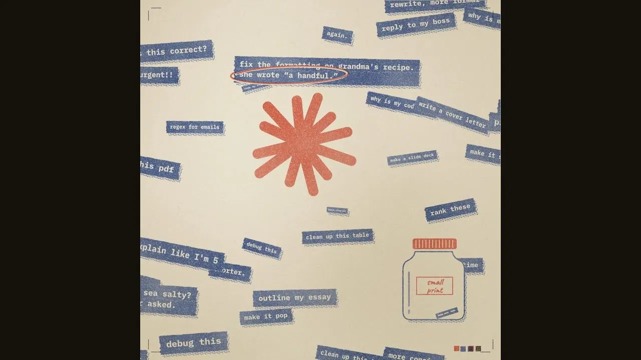 〈small print〉畫面：一堆寫著請求的紙條圍著 Claude 的星芒標誌，右下角是玻璃罐