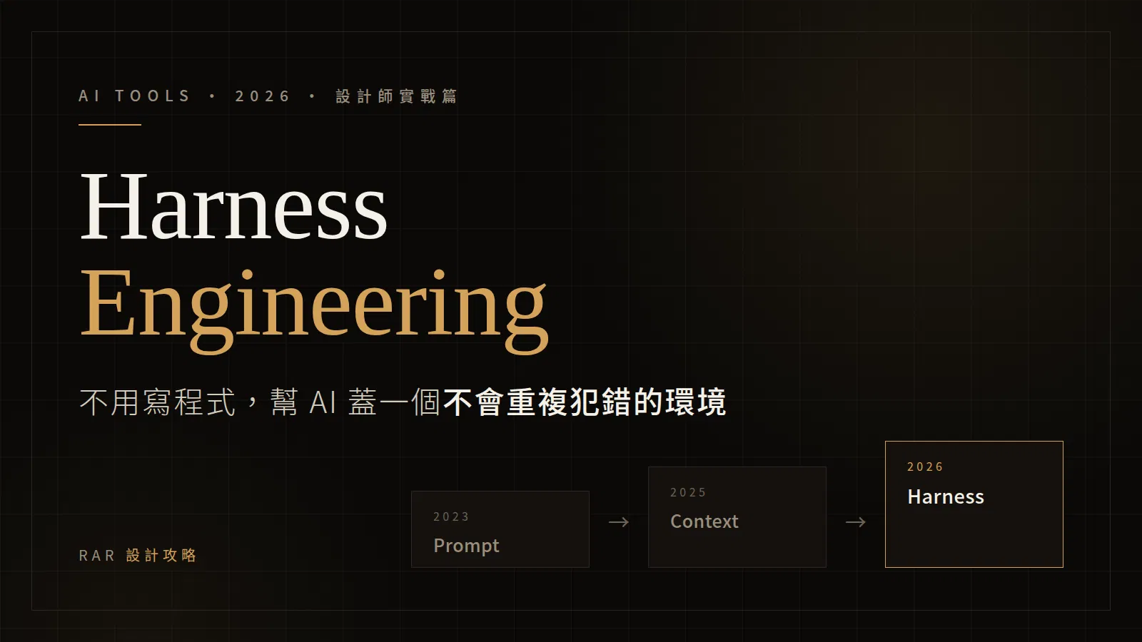Harness Engineering 設計師實戰篇封面：從 Prompt 到 Context 到 Harness 的三個時代階梯