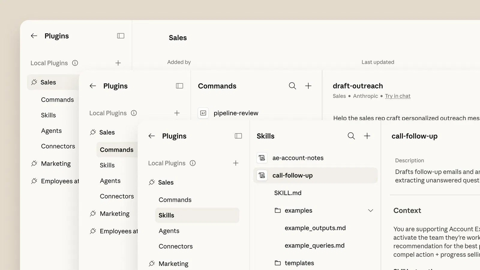 Claude plugin 管理面板截圖,展開 Sales plugin 可見 Commands、Skills、Agents、Connectors 四種零件與 SKILL.md 內容