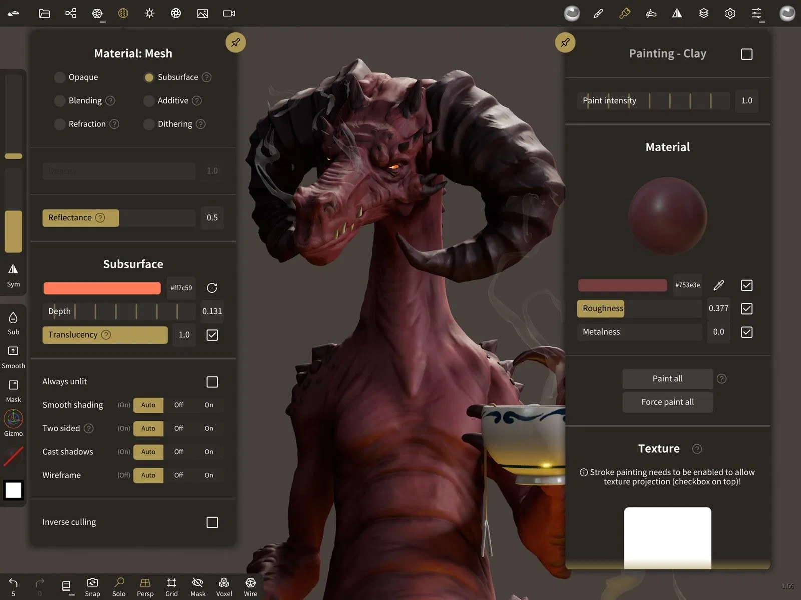 Nomad Sculpt 的材質與繪製面板:左側 Material Mesh 面板列出 Opaque、Subsurface、Blending、Refraction 等模式與 Reflectance、Translucency 數值,右側 Painting Clay 面板顯示材質球、色碼 753e3e、Roughness 0.377 與 Metalness 0.0,中間是紅色的龍
