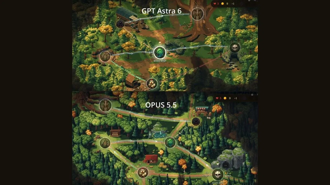 上下並排的比較畫面：上半是 GPT Astra 6、下半是 Opus 5.5 做的森林地圖