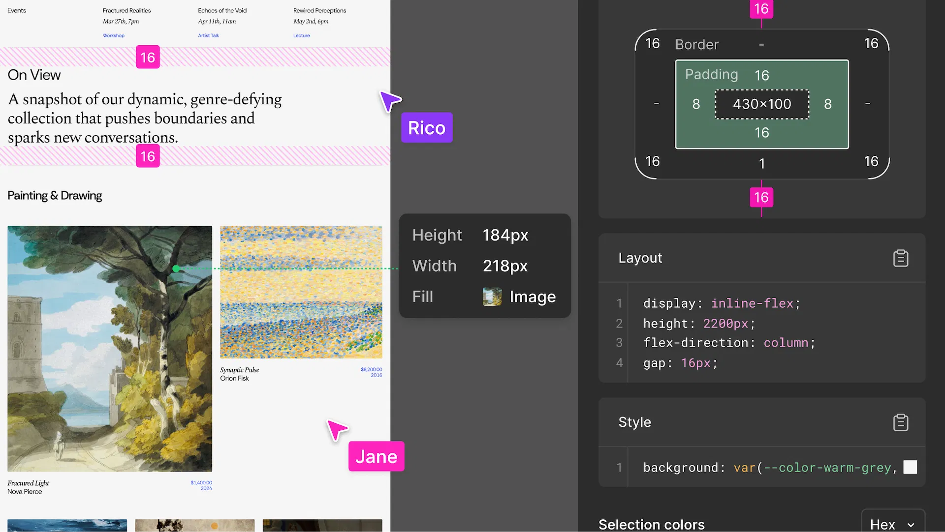 Figma Dev Mode 介面:左側是博物館網站的視覺稿與多名設計師協作游標(Rico、Jane),右側顯示 padding、layout、CSS 規格交付給工程師