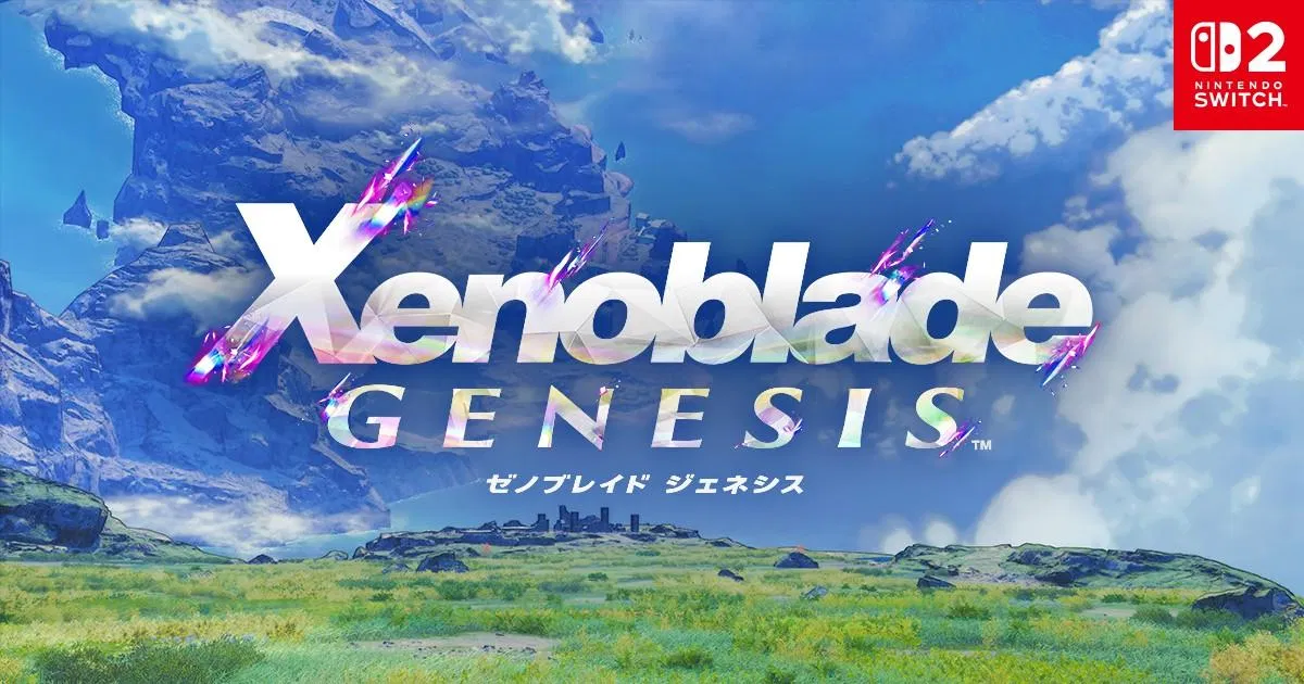 Xenoblade Genesis 任天堂官方主視覺，Nintendo Switch 2 標誌，藍天、浮空大陸與草原前的遊戲標題