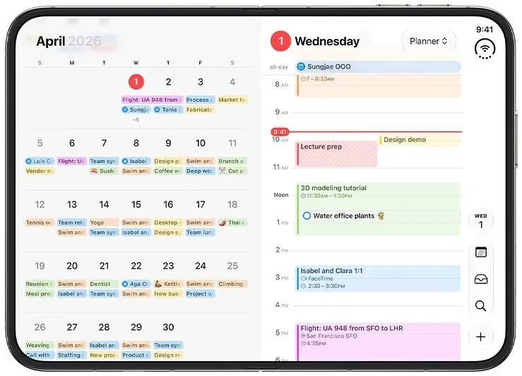 iPhone Duo 內螢幕橫向顯示行事曆，月檢視與日檢視並排，工具列與 tab bar 沿右側邊緣直排