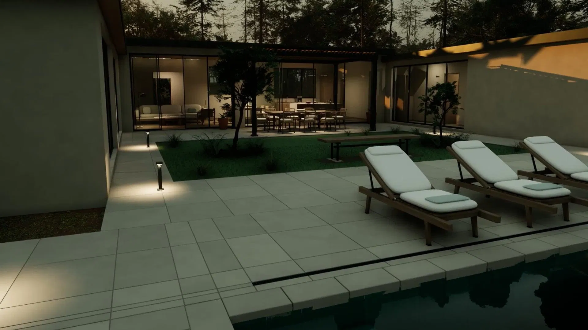 GPT-6 Astra 官方示範：Blender 建好的住宅轉進 Unreal Engine 5 的第一人稱畫面，暮色中庭、泳池與躺椅