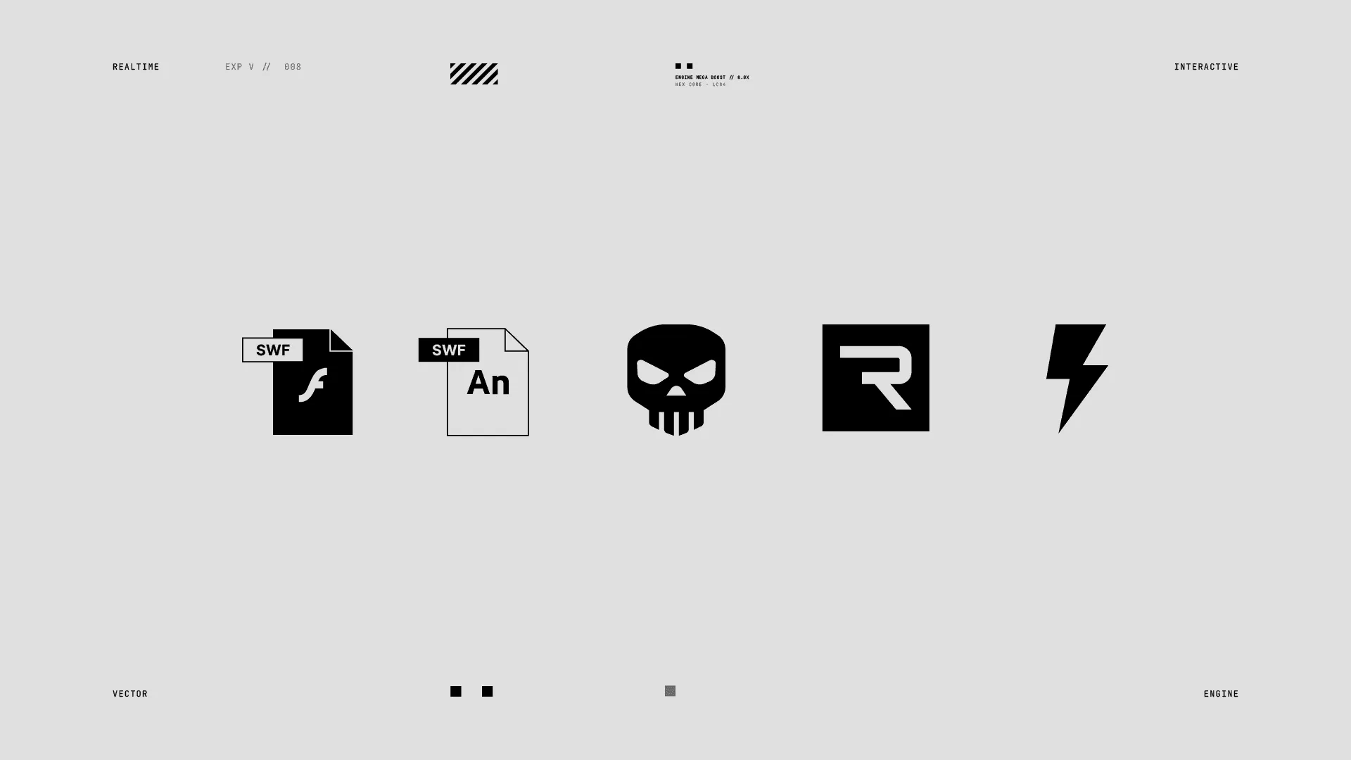 Rive 官方圖示，從左到右依序為 Flash 的 SWF 檔、Adobe Animate 的 SWF 檔、骷髏頭、Rive 的 R 標誌與閃電符號，代表 Flash 血統的終結與繼承