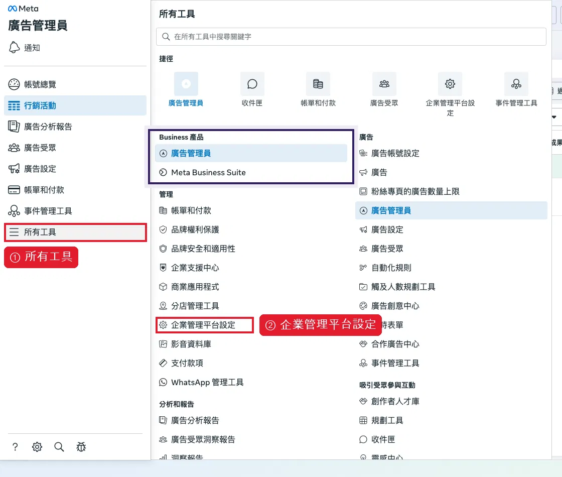 Meta 廣告管理員的所有工具面板，企業管理平台設定的位置