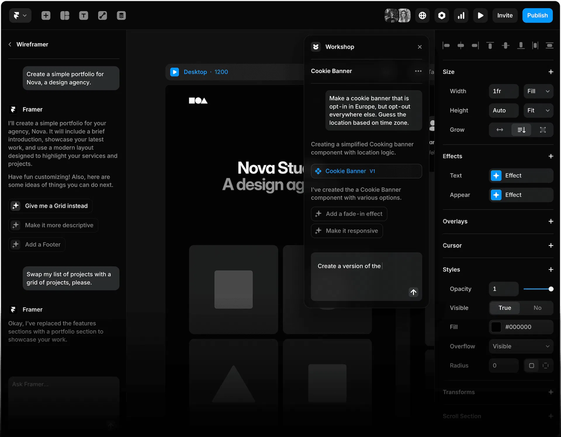 Framer 編輯器內同時開啟 Wireframer 與 Workshop 兩個 AI 工具的畫面，左側用自然語言生網站草稿，中央彈出 Workshop 對話視窗在生成 Cookie Banner 元件，右側是熟悉的設計屬性面板