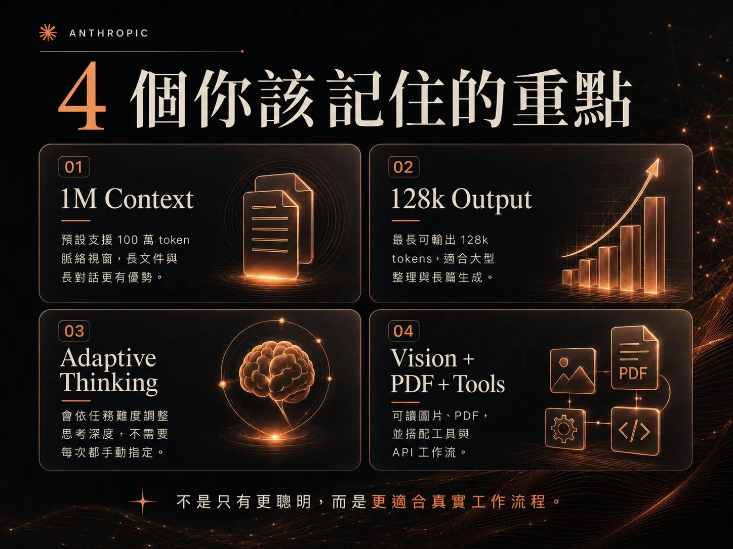 Claude Opus 4.8 四個重點:1M Context 百萬 token 脈絡、128k Output 最大輸出、Adaptive Thinking 自適應思考、Vision PDF Tools 多模態