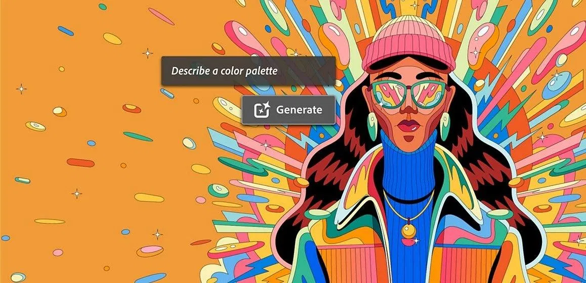 Adobe Illustrator Generative Recolor 官方截圖:色彩繽紛的人像插畫透過「Describe a color palette」文字描述一鍵重新配色
