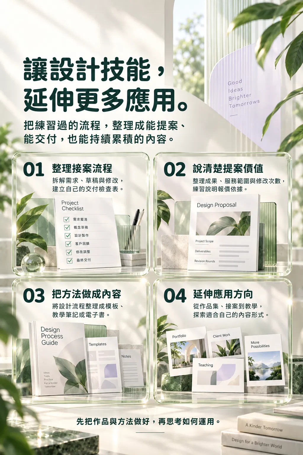 讓設計技能,延伸更多應用。——把練習過的流程,整理成能提案、;能交付,也能持續累積的內容;01 整理接案流程;拆解需求、草稿與修改,建立自己的交付檢查表;02 說清楚提案價值;整理成果、服務範圍與修改次數,練習說明報價依據;03 把方法做成內容;將設計流程整理成模板、;教學筆記或電子書;04 延伸應用方向;從作品集、接案到教學,探索適合自己的內容形式;先把作品與方法做好,再思考如何運用