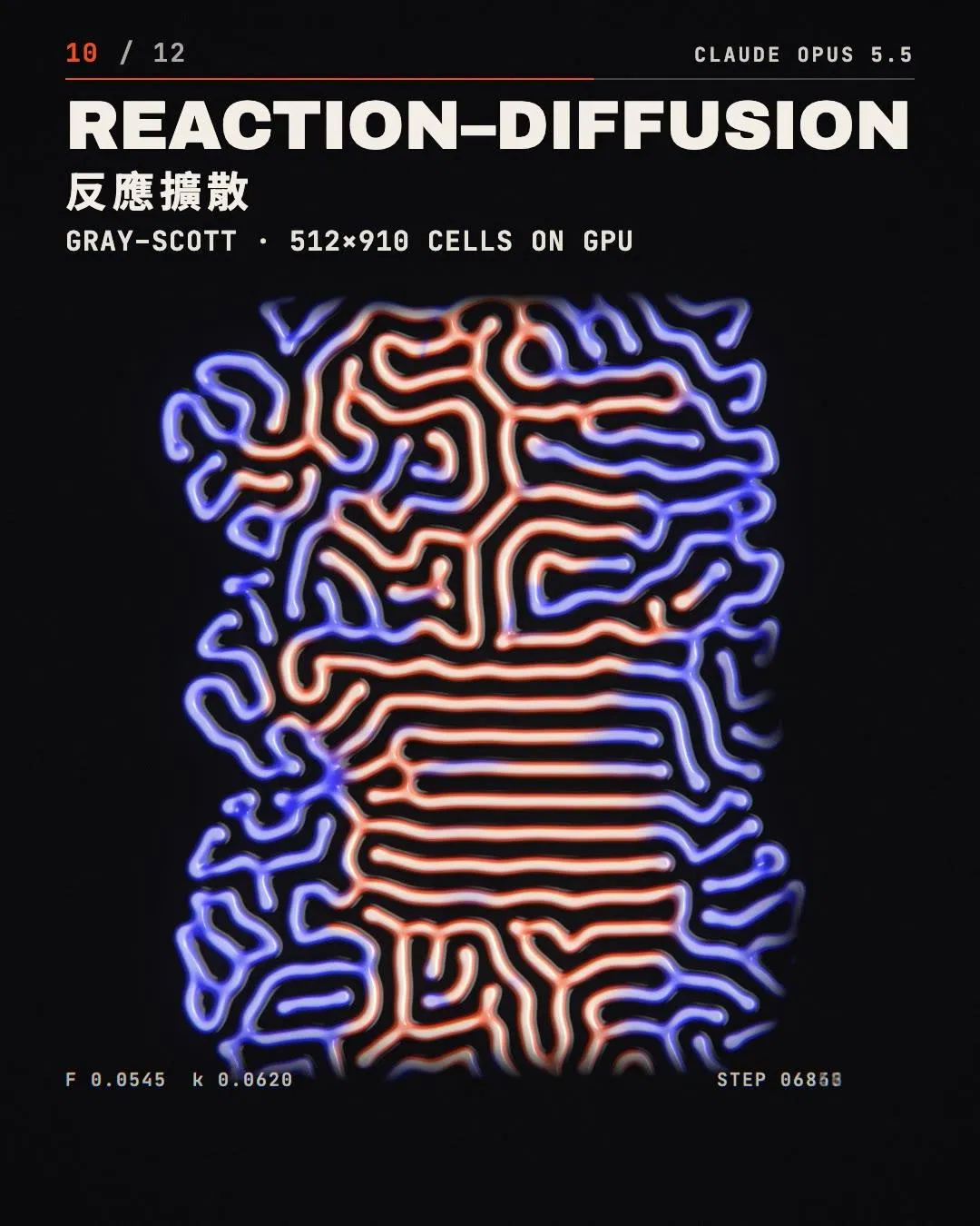 反應擴散 Gray–Scott 動畫：橘色迷宮紋路從「生長」兩個字的字形中長出，外圍藍色紋路向外蔓延，Claude Code 以 WebGL2 GLSL 寫程式生成