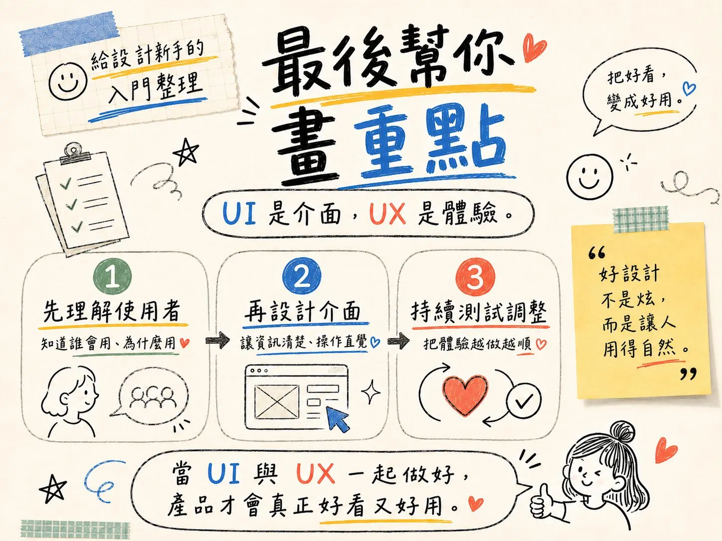 最後幫你畫重點:UI 是介面,UX 是體驗。三步驟:1 先理解使用者、知道誰會用為什麼用;2 再設計介面、讓資訊清楚操作直覺;3 持續測試調整、把體驗越做越順。好設計不是炫,而是讓人用得自然。當 UI 與 UX 一起做好,產品才會真正好看又好用。