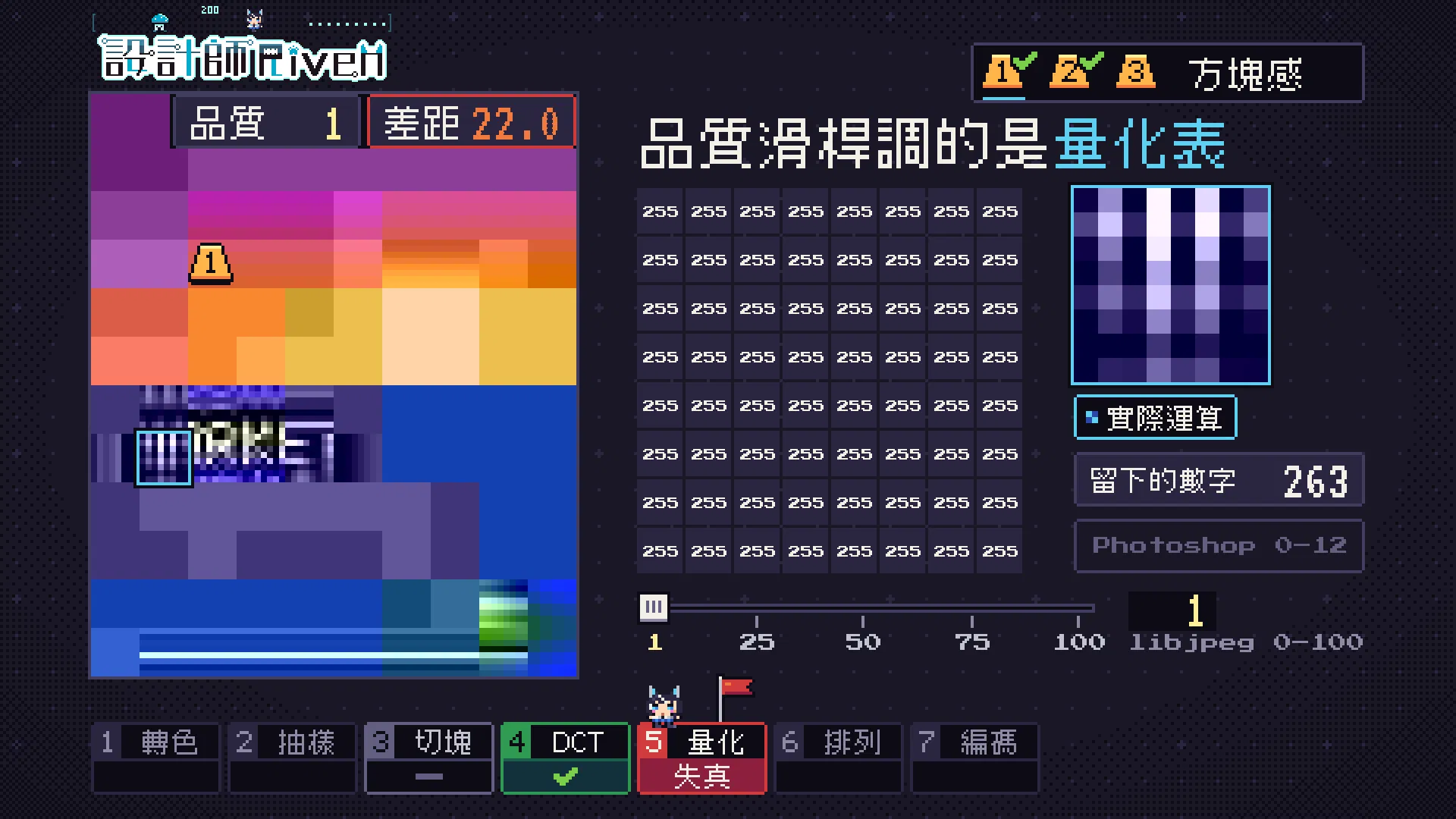 品質滑桿拉到 1：量化表每格都是 255，海報變成大片平色方塊，差距 22.0，留下的數字只剩 263