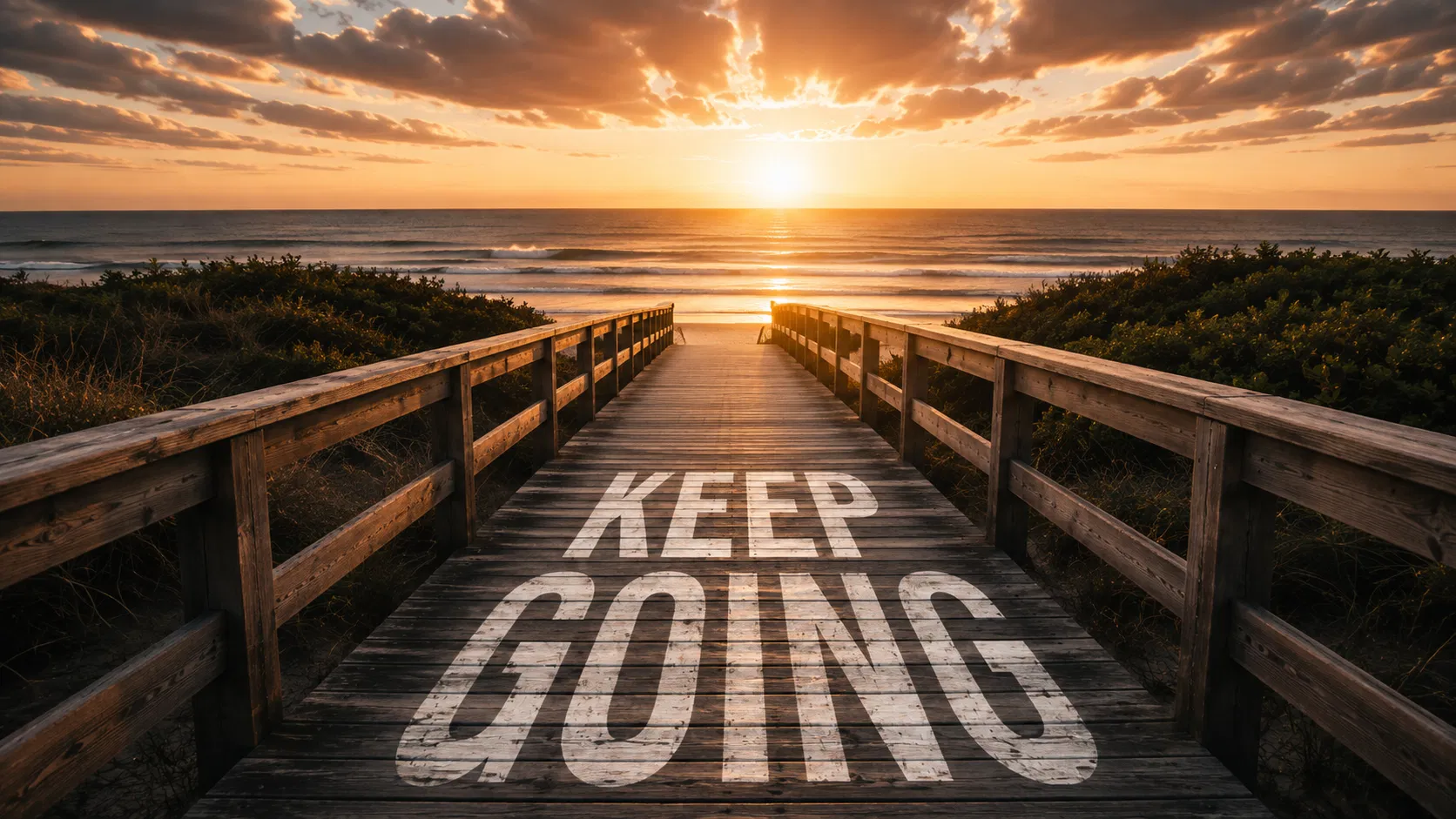 路面透視效果應用:夕陽下的海邊木棧道上寫著 KEEP GOING 文字