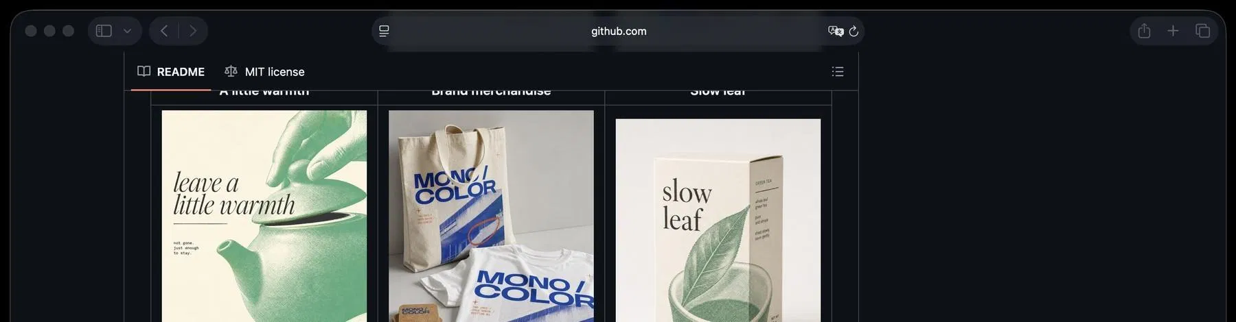 mono-color-skill GitHub 頁面截圖，展示綠色茶壺海報、品牌周邊、綠茶包裝三張雙色印刷風格範例