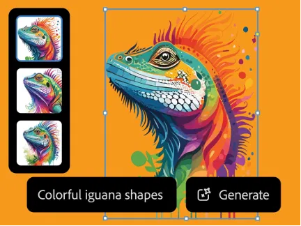 Adobe Illustrator Text to Vector Graphic 官方截圖:輸入 colorful iguana shapes 文字描述,AI 生成三組彩色蜥蜴向量插畫變化版