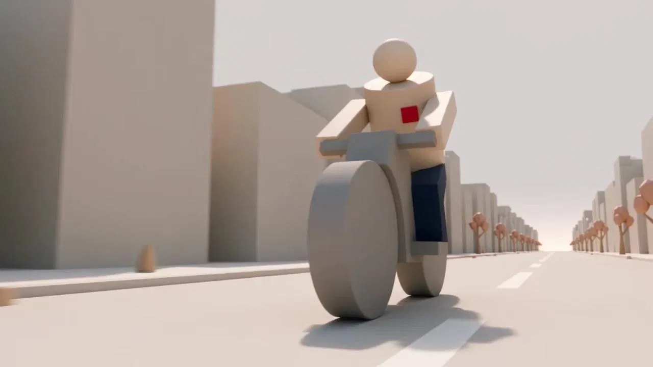 Higgsfield Blender 外掛 Scene Builder 生成的 blockout：一個灰白色人偶騎著幾何體組成的機車，背景是簡化的街道與方塊建築