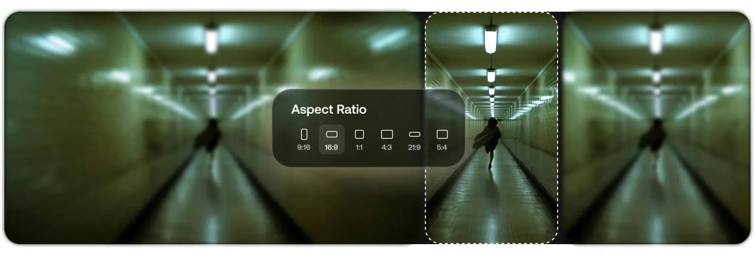 Artlist 外掛 Reframe 功能的官方示意圖：地下通道畫面上浮著 Aspect Ratio 選單，可選 9:16、16:9、1:1、4:3、21:9、5:4