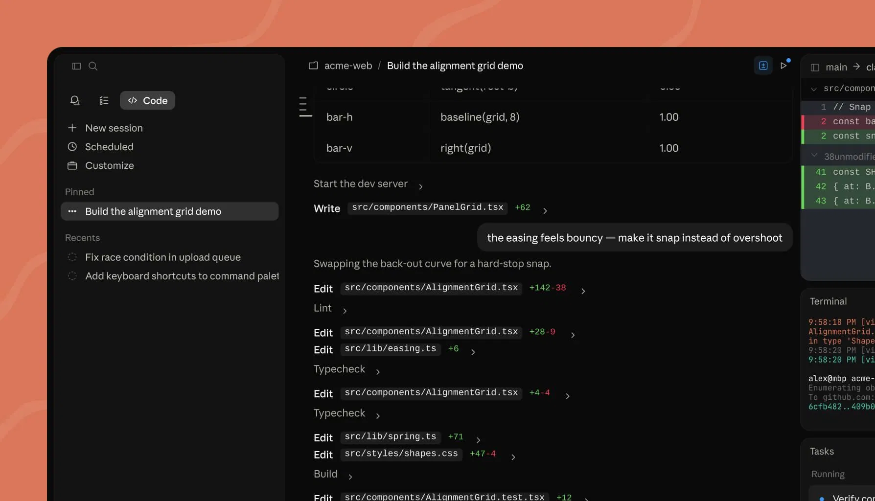 Claude Code 介面截圖,左邊 session 列表、中間 agentic task panel、右邊代碼編輯器與 terminal