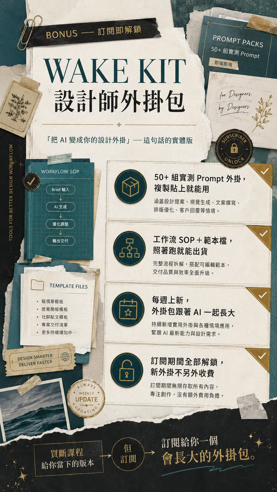 WAKE KIT 設計師外掛包——訂閱即解鎖:50+ 組實測 Prompt 外掛複製貼上就能用、工作流 SOP+範本檔照著跑就能出貨、每週上新外掛包跟著 AI 一起長大、訂閱期間全部解鎖新外掛不另外收費;買斷課程給你當下的版本,訂閱給你一個會長大的外掛包