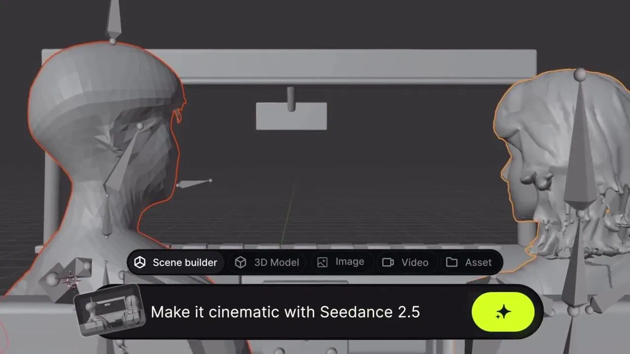 Higgsfield 官方 Reel 畫面：Blender 裡兩個灰色人偶靠在灰模車旁，下方浮動工具列顯示 Scene builder、3D Model、Image、Video、Asset 分頁，輸入框寫著 Make it cinematic with Seedance 2.5